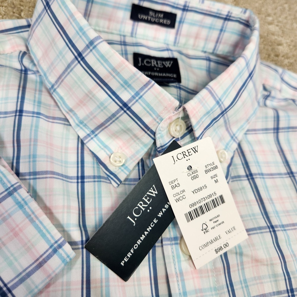 J‎ Crew Shirt Mens Medium Performance Slim Untucked Plaid Check Button Down NEW